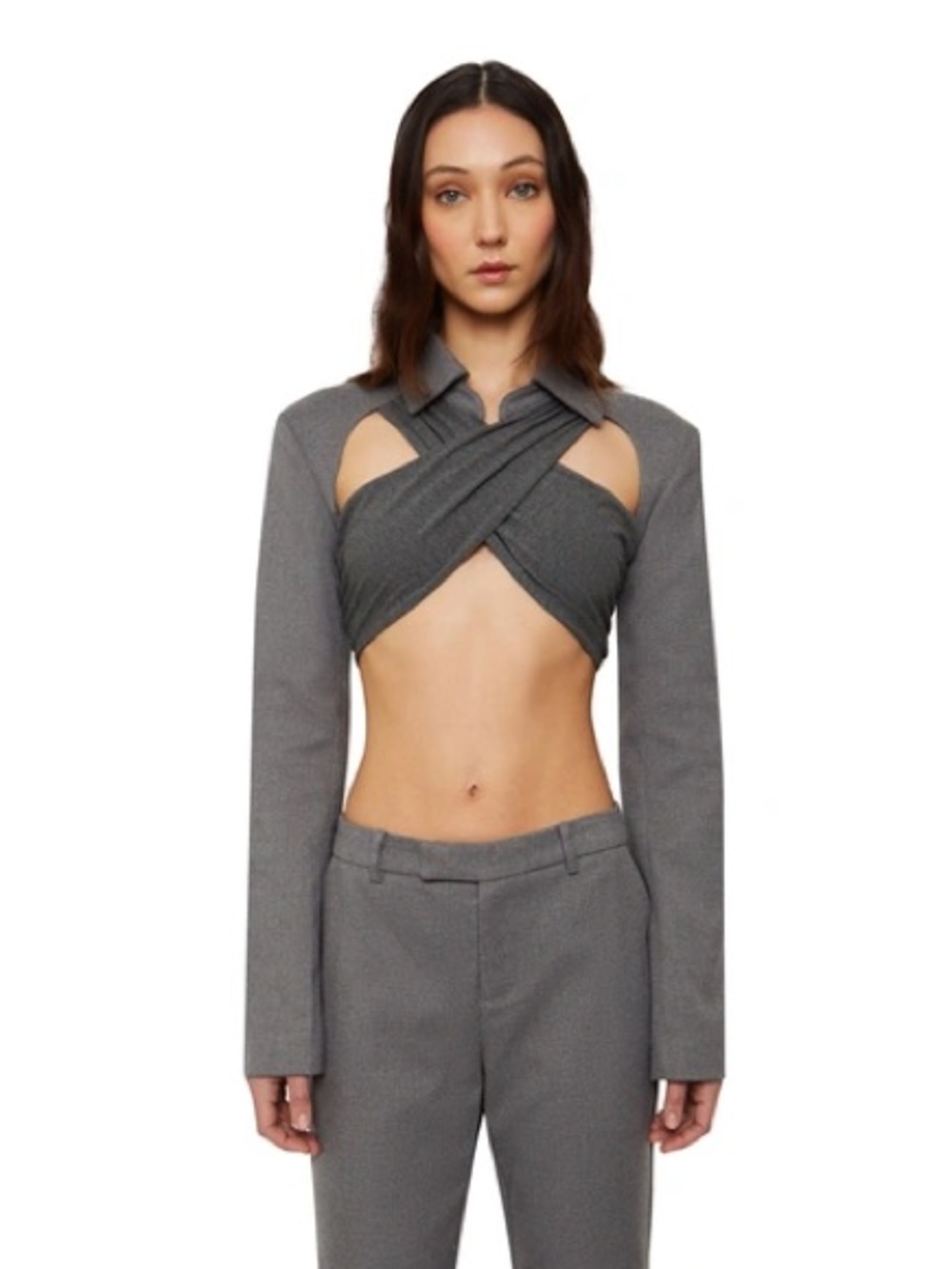 Guizio Wrap Blazer Cut-out Top In Stone Grey